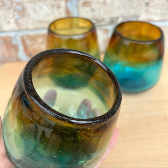 3 Stemless Hand Blown Art Recycled Glass Amber Sea Blue Thick Drinking Glasses - Picture 12 of 12